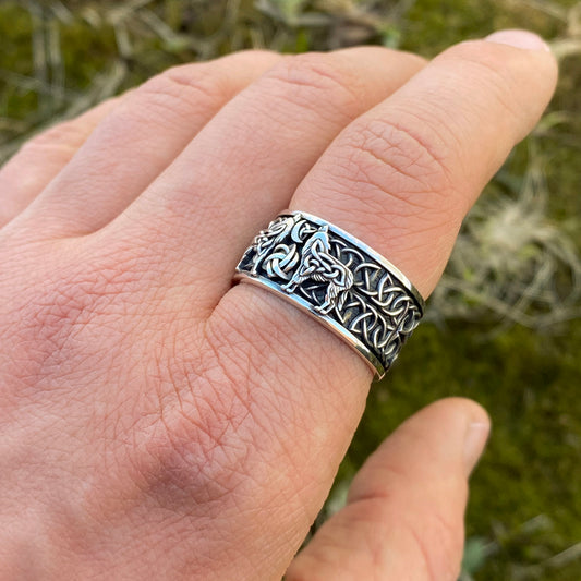 Wide Odin's Wolfs Sterling Silver ring