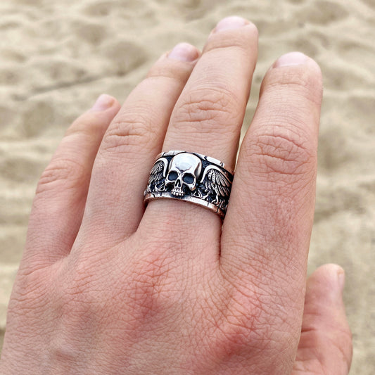 Wide skull wing Sterling Silver ring