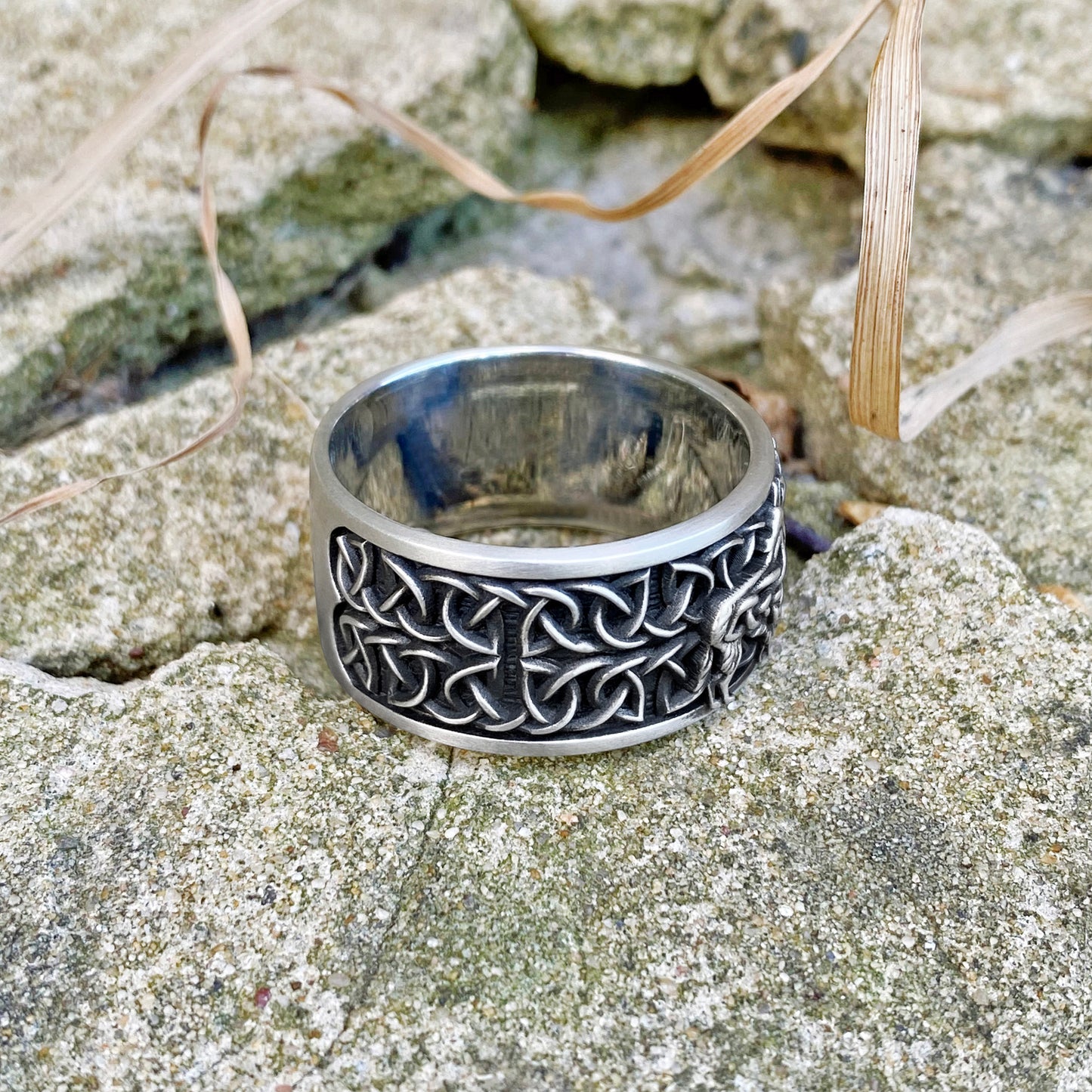 Wide Odin's Wolfs Sterling Silver ring