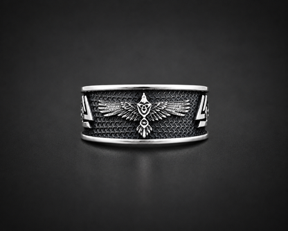 A sterling silver ring with a raven Norse mythology design on hand