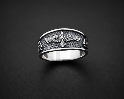 A sterling silver ring with a raven Norse mythology design