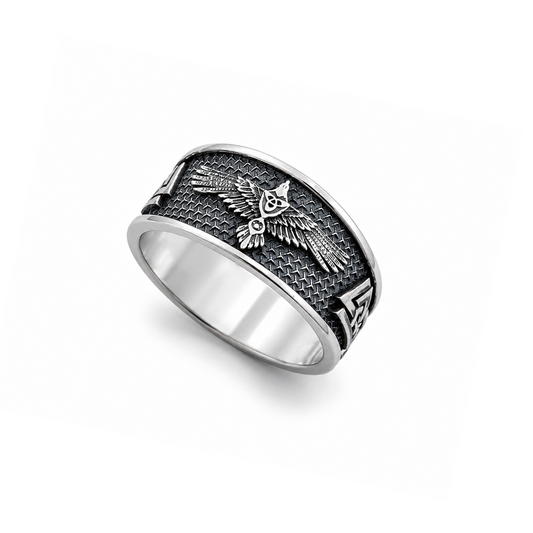 Norse raven sterling silver ring with oxidized details