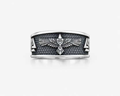 A sterling silver ring with a raven Norse mythology design