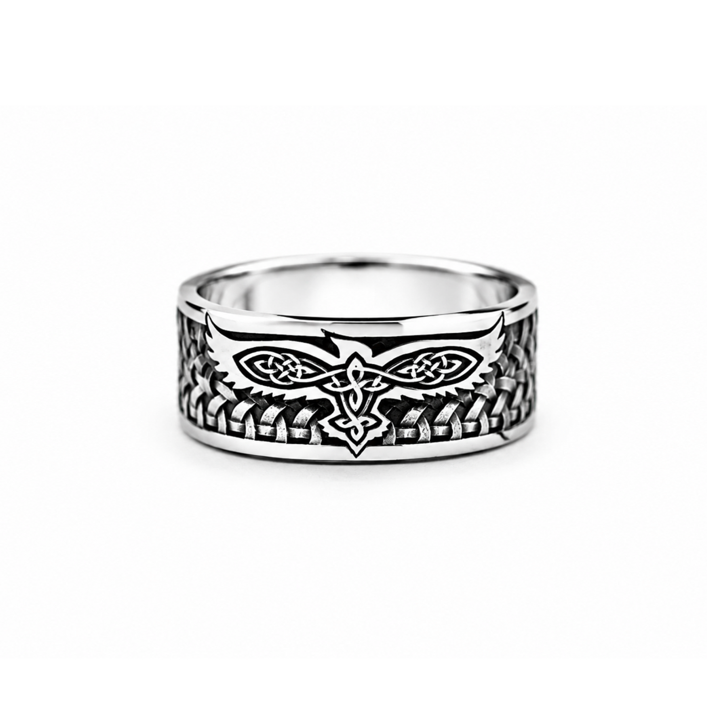 Norse raven sterling silver ring with oxidized details