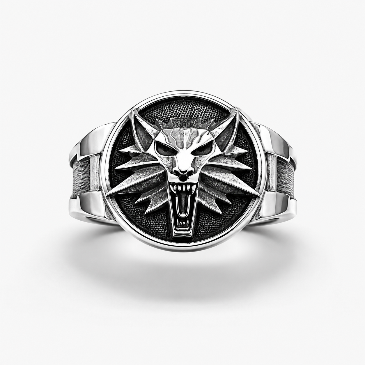 Witcher Wolf School signet ring in sterling silver with five Witcher signs on each side