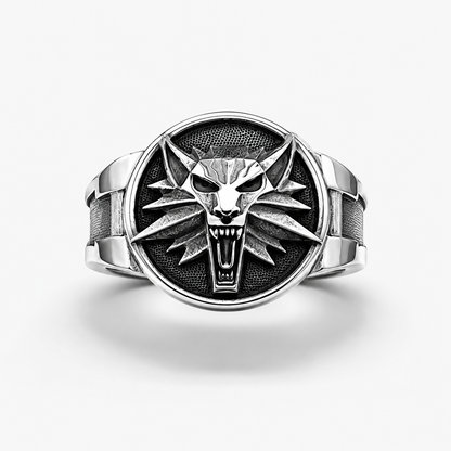 Witcher Wolf School signet ring in sterling silver with five Witcher signs on each side