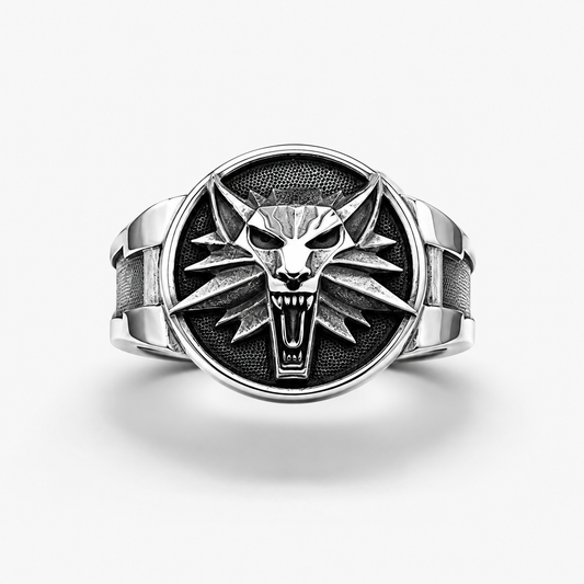 Witcher Wolf School signet ring in sterling silver with five Witcher signs on each side